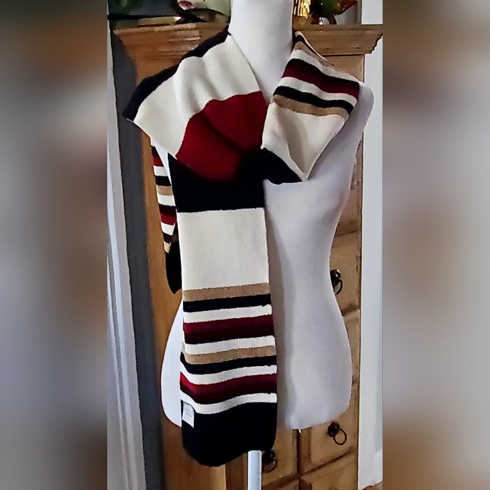 Lord & Taylor Striped Knit Scarf in Red, Black & Cream with Tan Accents